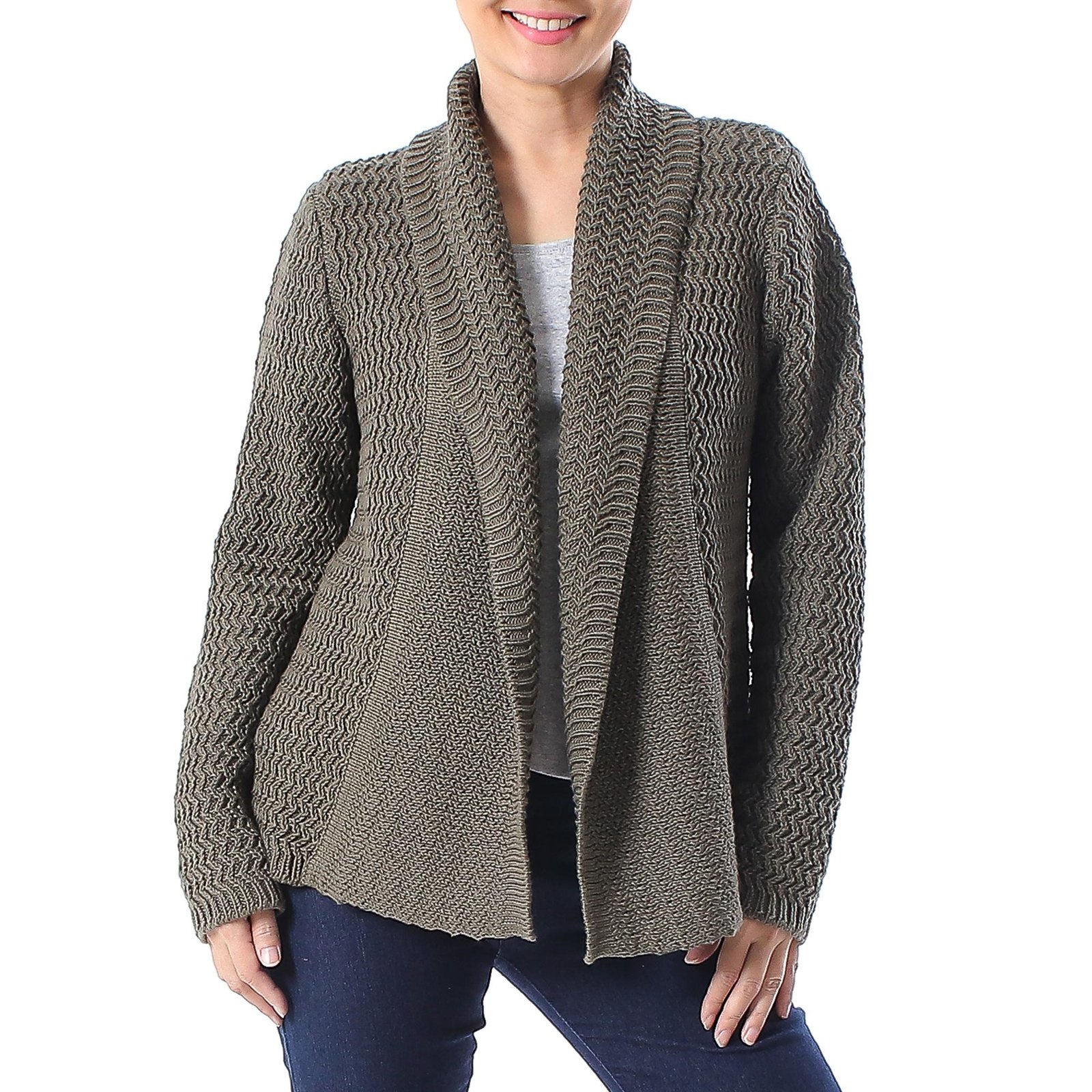 Knit Cotton Cardigan in Dark Taupe from Thailand, 'Cross Stitch in Dark Taupe'